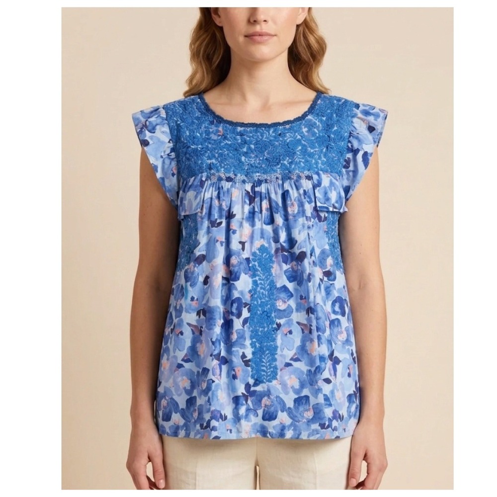 Mi Golondrina Soledad Top Blue Floral Hand Embroidered Ruffle Blouse L